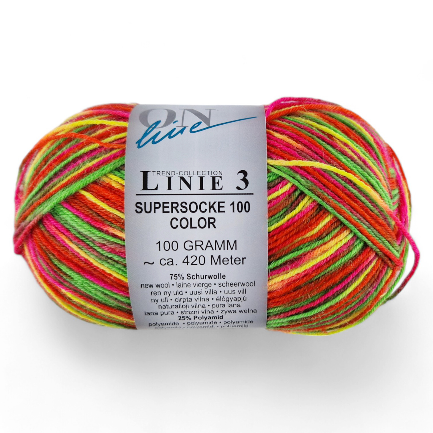 Supersocke 100 Linie 3 Color 4-fach von ONline Linie 3 - 0722 - neon gelb/grün/pink